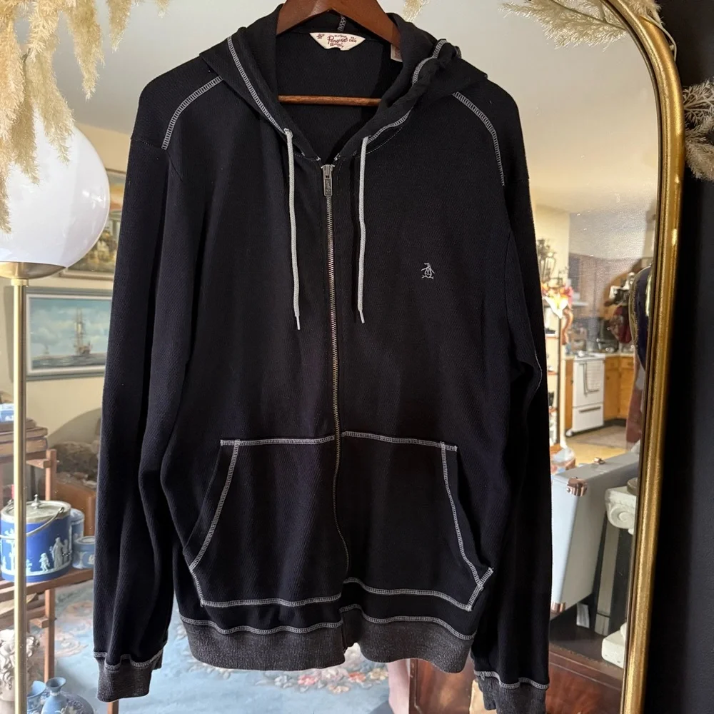 Original Penguin Black and Grey Zip Up Waffle Knit Lightweight Jacket